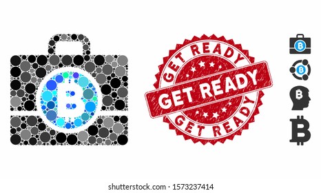 Collage Bitcoin case icon and rubber stamp seal with Get Ready text. Mosaic vector is composed with Bitcoin case icon and with randomized round items. Get Ready stamp seal uses red color,