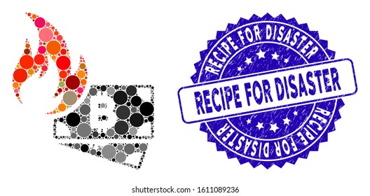 Collage Bitcoin cash fire icon and rubber stamp seal with Recipe for Disaster phrase. Mosaic vector is designed with Bitcoin cash fire icon and with randomized round elements.