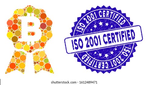 Collage Bitcoin certificate seal icon and rubber stamp seal with ISO 2001 Certified text. Mosaic vector is designed with Bitcoin certificate seal icon and with randomized round elements.