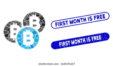 Collage Bitcoin coins and distressed stamp seals with First Month Is Free text. Mosaic vector Bitcoin coins is designed with random rectangle items. First Month Is Free stamp seals use blue color,