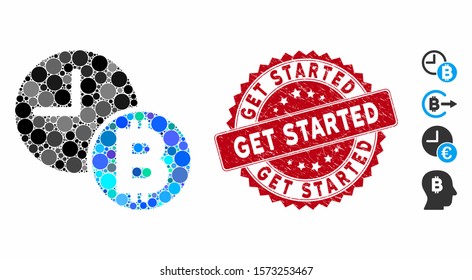 Collage Bitcoin credit clock icon and distressed stamp seal with Get Started phrase. Mosaic vector is composed with Bitcoin credit clock icon and with randomized round spots.