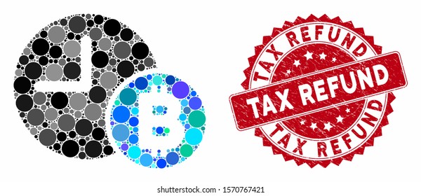Collage Bitcoin credit clock and rubber stamp seal with Tax Refund phrase. Mosaic vector is designed with Bitcoin credit clock icon and with scattered round items.