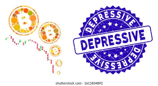 Collage Bitcoin deflation chart icon and rubber stamp seal with Depressive text. Mosaic vector is created from Bitcoin deflation chart icon and with randomized round spots.