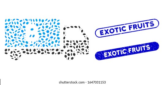 Collage Bitcoin delivery car and corroded stamp seals with Exotic Fruits phrase. Mosaic vector Bitcoin delivery car is composed with randomized elliptic pieces.