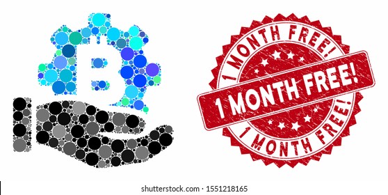 Collage Bitcoin development service hand and rubber stamp seal with 1 Month Free! caption. Mosaic vector is composed with Bitcoin development service hand icon and with random spheric elements.