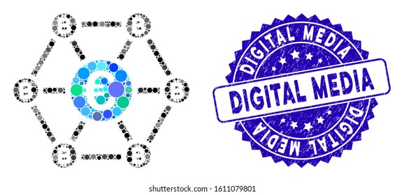 Collage Bitcoin Euro net structure icon and rubber stamp seal with Digital Media phrase. Mosaic vector is designed with Bitcoin Euro net structure icon and with scattered spheric items.