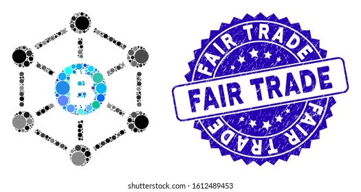 Collage Bitcoin finance netwok icon and distressed stamp seal with Fair Trade phrase. Mosaic vector is formed with Bitcoin finance netwok icon and with scattered spheric elements.