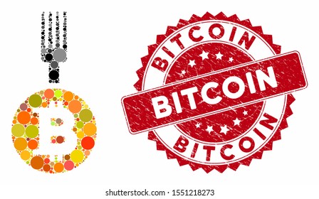 Collage Bitcoin fork and corroded stamp seal with Bitcoin phrase. Mosaic vector is formed with Bitcoin fork icon and with random round items. Bitcoin stamp seal uses red color, and dirty surface.