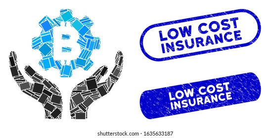 Collage Bitcoin gear care hands and grunge stamp seals with Low Cost Insurance phrase. Mosaic vector Bitcoin gear care hands is formed with scattered rectangle items.