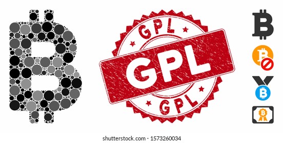 Collage Bitcoin icon and distressed stamp seal with GPL phrase. Mosaic vector is composed with Bitcoin icon and with scattered round spots. GPL stamp seal uses red color, and grunge texture.