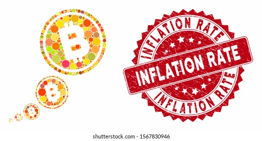 Collage Bitcoin inflation and grunge stamp seal with Inflation Rate caption. Mosaic vector is designed with Bitcoin inflation icon and with randomized spheric spots.
