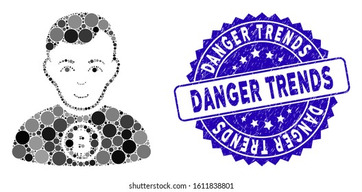 Collage Bitcoin man icon and distressed stamp seal with Danger Trends text. Mosaic vector is formed with Bitcoin man icon and with randomized circle items. Danger Trends stamp uses blue color,