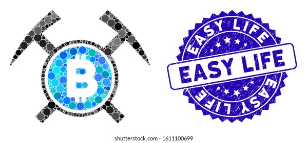 Collage Bitcoin mining hammers icon and rubber stamp seal with Easy Life text. Mosaic vector is composed with Bitcoin mining hammers icon and with randomized round elements.