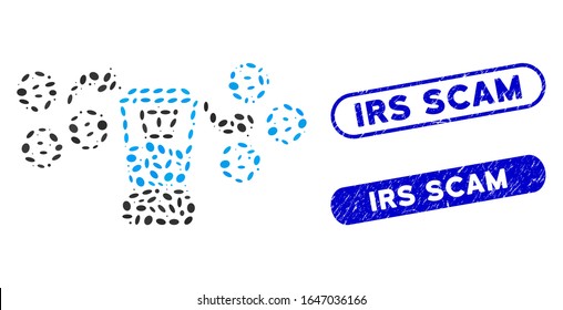 Collage Bitcoin mixing service and corroded stamp seals with Irs Scam caption. Mosaic vector Bitcoin mixing service is formed with scattered ellipse elements. Irs Scam stamp seals use blue color,