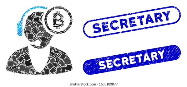 Collage Bitcoin operator and distressed stamp seals with Secretary caption. Mosaic vector Bitcoin operator is designed with scattered rectangle items. Secretary stamp seals use blue color,