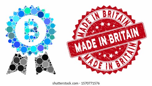 Collage Bitcoin seal with ribbons and corroded stamp seal with Made in Britain text. Mosaic vector is composed with Bitcoin seal with ribbons icon and with random spheric spots.