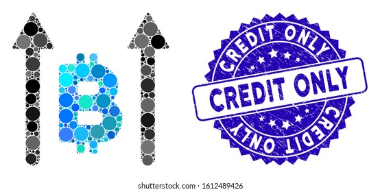 Collage Bitcoin send arrows icon and grunge stamp seal with Credit Only text. Mosaic vector is created with Bitcoin send arrows icon and with random circle elements. Credit Only seal uses blue color,