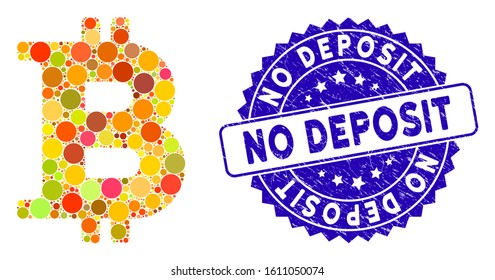 Collage Bitcoin symbol icon and distressed stamp seal with No Deposit text. Mosaic vector is designed with Bitcoin symbol icon and with randomized spheric items. No Deposit stamp seal uses blue color,