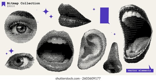 Collage Bitmap Set Mouth Scream Ear Lips Eye Texture Pattern Art Halftone Retro Grunge Pop Graphic Design