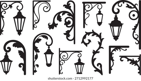 Collage of black silhouette decorative brackets, lamp posts, and scrollwork designs on white