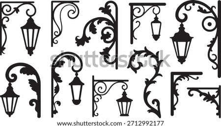 Collage of black silhouette decorative brackets, lamp posts, and scrollwork designs on white
