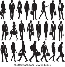 A collage of black silhouettes depicting business professionals walking, standing, communicating, and carrying briefcases in various poses and profiles on a clean white background, evoking themes 