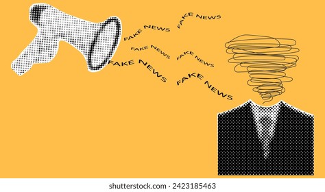 Collage black white halftone style hand hold loudspeaker, suit. Scream, hate, fake news concept. Vector illustration