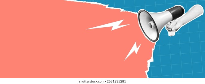 Colagem com um megafone preto e branco emite ondas sonoras. Fundo de papel rasgado rosa e grade azul adiciona contraste. Ideal para temas de marketing ou comunicação.