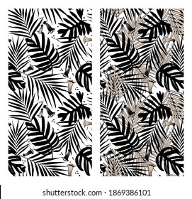 Collage of black and white tropical leaves and flowers shapes seamless pattern. Contrast tropical design for paper, cover, fabric, interior decor