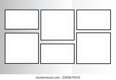 Collage of black wooden frames on white bricks wall, new collections