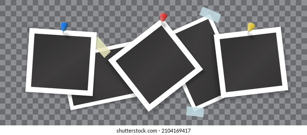 Collage of blank photographs with stickers and colored pins isolated on transparent background. Vector mockup of square and rectangle photoframes glued with scotch tape and pinned with thumbtacks