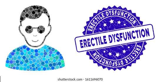 Collage blind man icon and grunge stamp seal with Erectile Dysfunction caption. Mosaic vector is composed with blind man icon and with scattered circle spots.