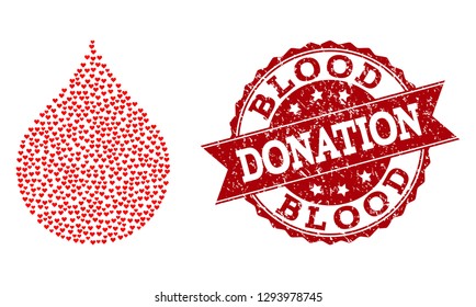Collage blood drop composed with red valentine hearts, and isolated grunge stamp. Composition for Valentines Day. Blood drop concept constructed with small randomized romantic heart symbols.