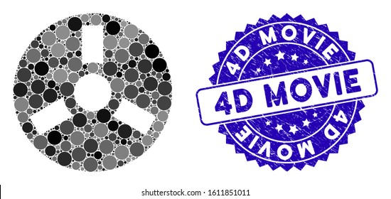 Collage bobbin icon and rubber stamp seal with 4D Movie phrase. Mosaic vector is created with bobbin icon and with randomized spheric items. 4D Movie stamp seal uses blue color, and distress design.