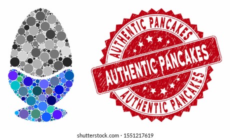 Collage boiled egg and rubber stamp seal with Authentic Pancakes caption. Mosaic vector is composed with boiled egg icon and with randomized spheric elements.
