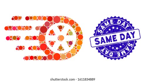 Collage bolide car wheel icon and rubber stamp seal with Same Day phrase. Mosaic vector is designed with bolide car wheel icon and with randomized circle elements. Same Day seal uses blue color,