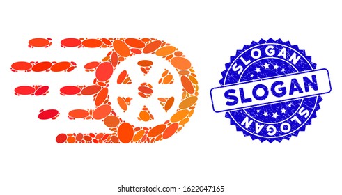 Collage bolide car wheel icon and corroded stamp seal with Slogan caption. Mosaic vector is created with bolide car wheel icon and with random ellipse items. Slogan stamp seal uses blue color,