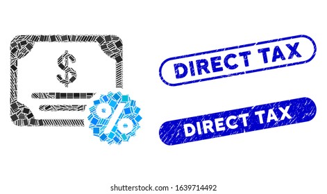 Collage bond coupon icon and red round distressed stamp seal with Direct Tax text and coronavirus symbol. Mosaic vector is composed with bond coupon icon and with randomized round elements.