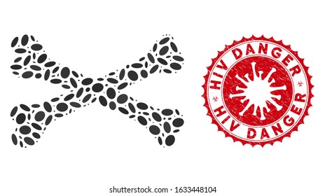 Collage bones icon and red round grunge stamp watermark with HIV Danger text and coronavirus symbol. Mosaic vector is formed with bones icon and with scattered oval elements.