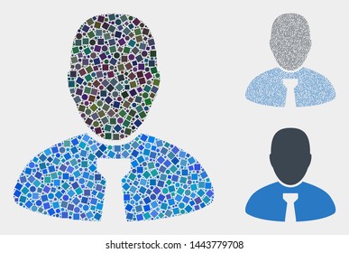 Collage Boss icon designed from circle and square items in random sizes, positions and proportions. Vector circle and square items are grouped into abstract collage boss icons.