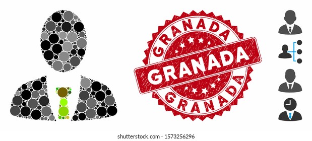 Collage boss icon and rubber stamp seal with Granada caption. Mosaic vector is formed with boss icon and with randomized round elements. Granada stamp seal uses red color, and rubber surface.