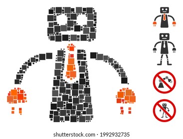 Collage Boss robot icon organized from square elements in variable sizes and color hues. Vector square items are organized into abstract collage boss robot icon. Bonus pictograms are placed.