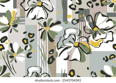 Collage botanical and geometric background. Abstract flowers, leopard skin spots, squares, triangles, stripes, dots. Seamless pattern of summer floral design. Sketchy drawing of black outlines