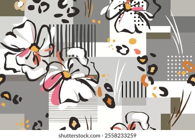 Collage of botanical and geometric backgrounds. Abstract flowers, leopard skin spots, squares, triangles, stripes, dots. Seamless pattern of summer floral design
