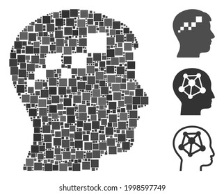 Collage Brain Blockchain Symbol bestehend aus quadratischen Elementen in verschiedenen Größen und Farbtönen. Vektorquadratische Elemente werden in abstrakte Collage Gehirn Blockchain Symbol gruppiert. Bonussymbole werden platziert.