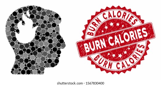 Collage brain fire and grunge stamp seal with Burn Calories phrase. Mosaic vector is created with brain fire icon and with scattered circle elements. Burn Calories seal uses red color,