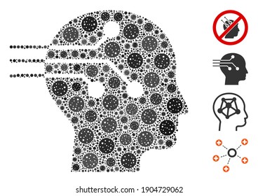 Collage brain interface united from flu virus elements in different sizes and color hues. Vector viral icons are united into abstract collage brain interface icon. Some bonus icons are added.