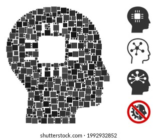 Collage Brain processor icon organized from square items in variable sizes and color hues. Vector square items are grouped into abstract collage brain processor icon. Bonus icons are placed.