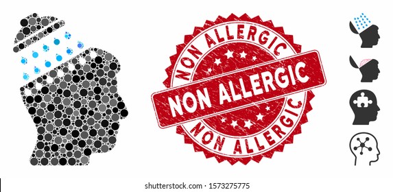 Collage brain shower icon and grunge stamp watermark with Non Allergic caption. Mosaic vector is formed with brain shower icon and with randomized round items. Non Allergic seal uses red color,