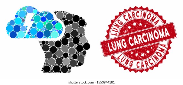 Collage brainstorming and corroded stamp seal with Lung Carcinoma text. Mosaic vector is created with brainstorming icon and with randomized circle items. Lung Carcinoma stamp seal uses red color,